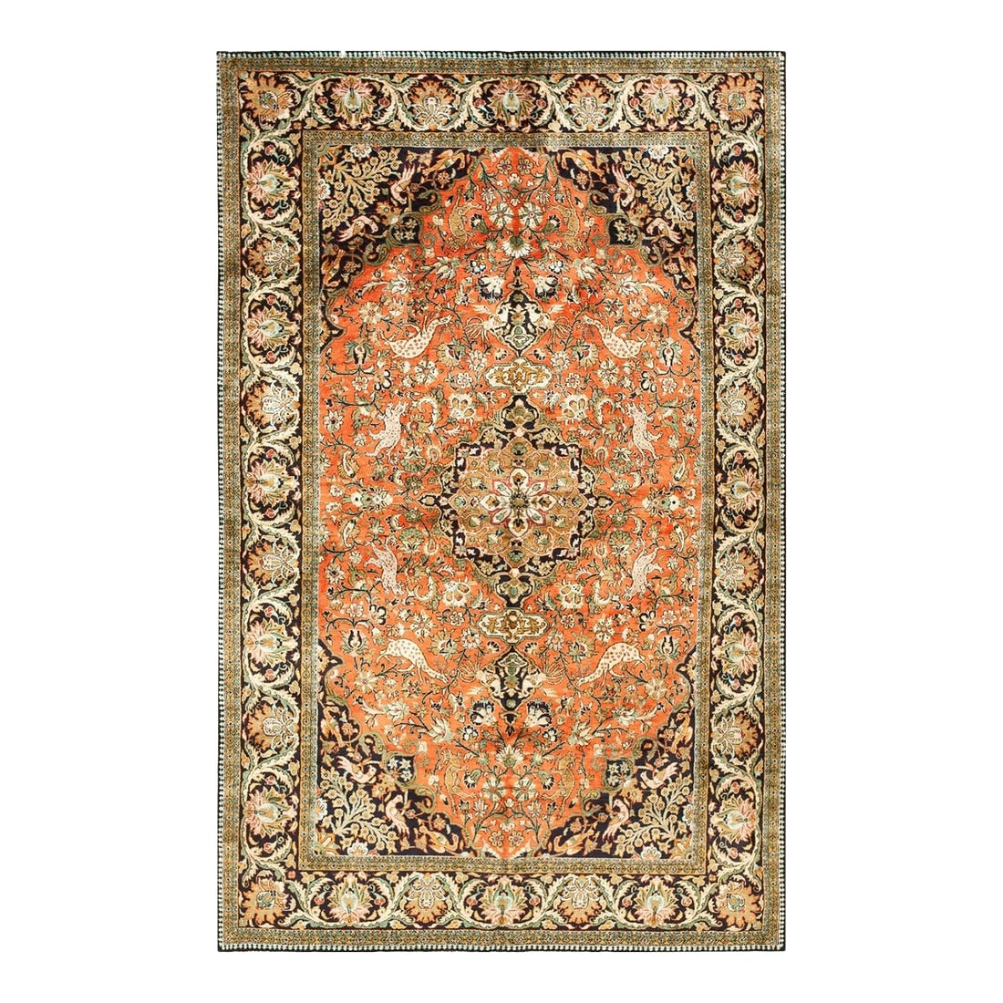 1940s Orange Apricot Medallion Floral Antique Isfahan Knotted Qum Silk Rug: Antique Persian Qum Silk Rug 4' 7" x 7' 4". A one-of-a-kind antique Qum silk rug, The piece measures approximately 4'7'' * 7'4'' (per the seller listing). Qum (Qom) is a city in central known for one 