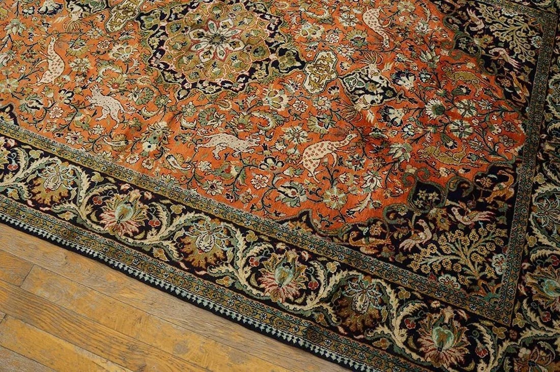 1940s Orange Apricot Medallion Floral Antique Isfahan Knotted Qum Silk Rug - 2