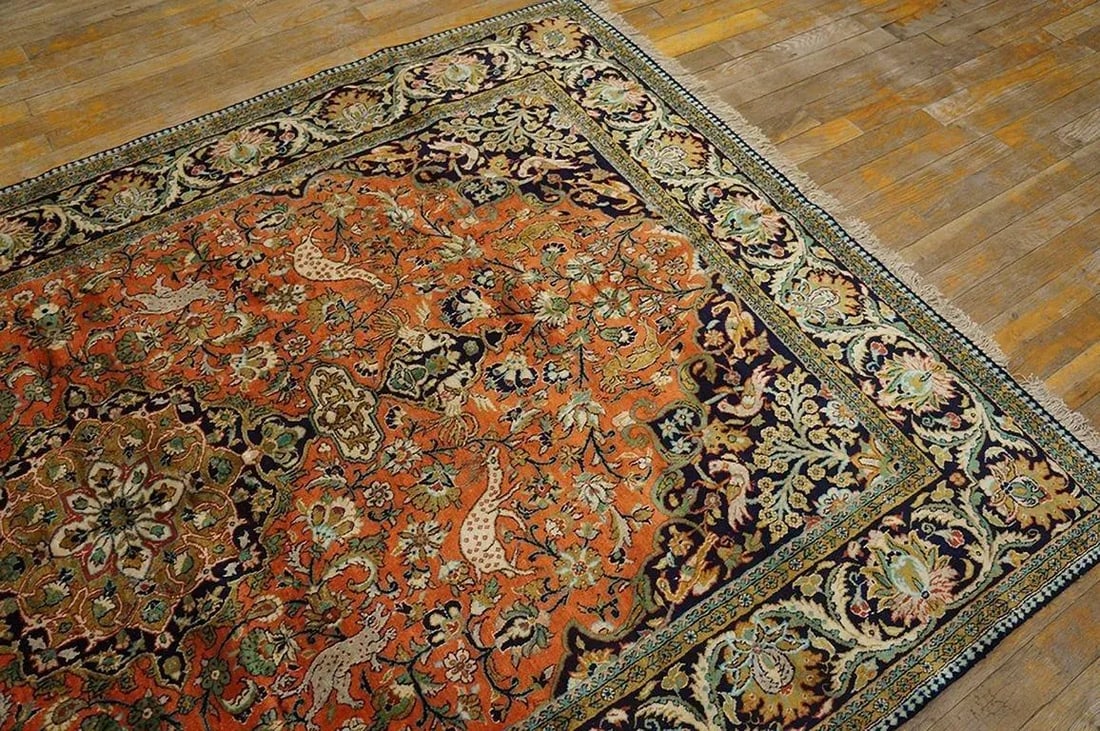 1940s Orange Apricot Medallion Floral Antique Isfahan Knotted Qum Silk Rug - 3