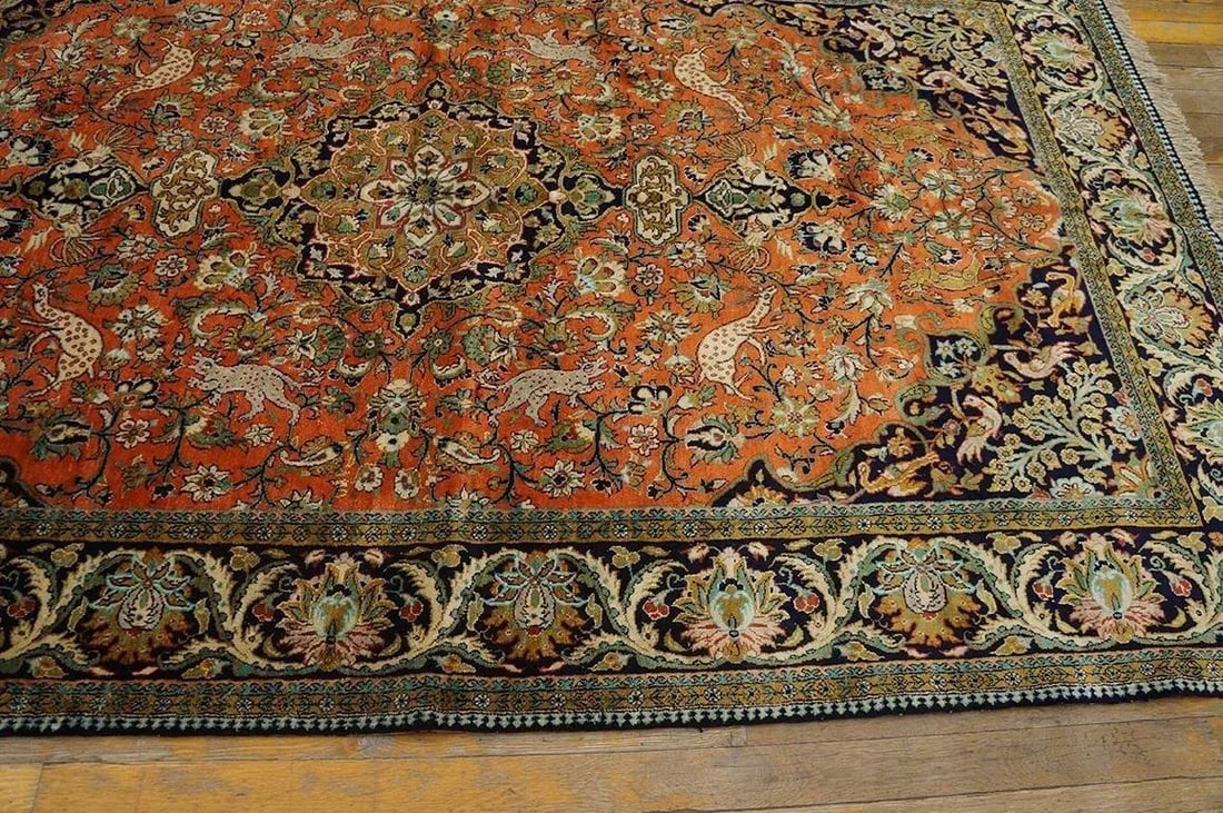 1940s Orange Apricot Medallion Floral Antique Isfahan Knotted Qum Silk Rug - 4