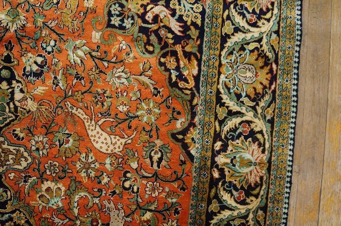1940s Orange Apricot Medallion Floral Antique Isfahan Knotted Qum Silk Rug - 5