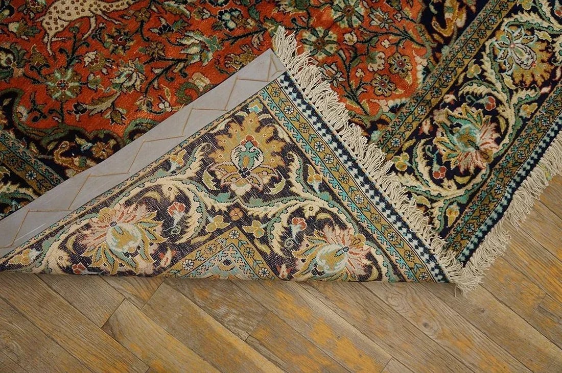 1940s Orange Apricot Medallion Floral Antique Isfahan Knotted Qum Silk Rug - 6