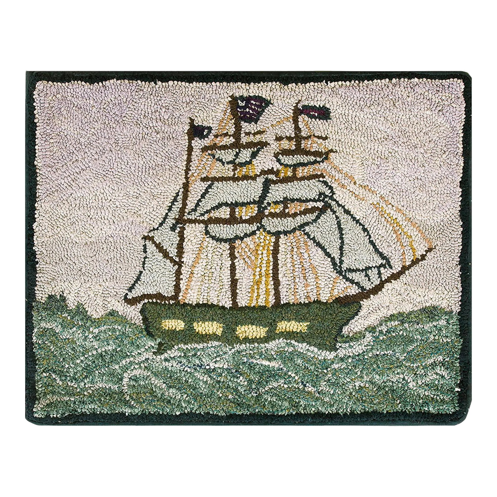 1940s Gray Nautical Antique American Hooked Rug 2'7" X 3'2" Handknotted Wool Carpet: Mid 20th Century Nautical American Hooked Rug ( 2'7" x 3'2" - 80 x 98 ) American Hooked Rugs Contemporary American Hooked carpet utilizing strips of fabric to compose designs that express the traditio
