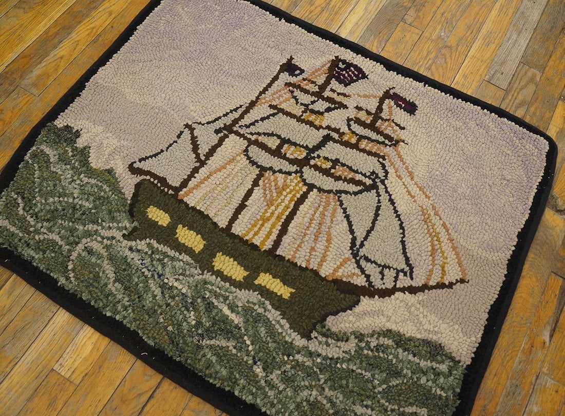 1940s Gray Nautical Antique American Hooked Rug 2'7" X 3'2" Handknotted Wool Carpet - 2