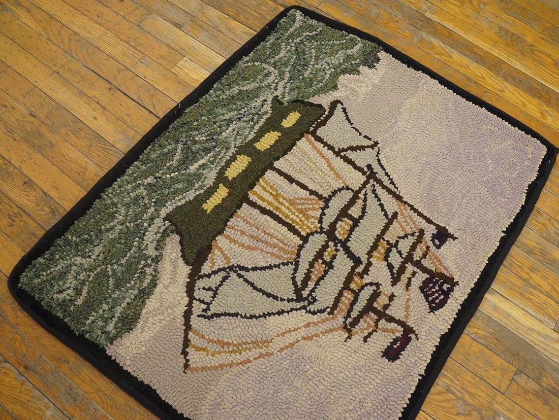 1940s Gray Nautical Antique American Hooked Rug 2'7" X 3'2" Handknotted Wool Carpet - 3