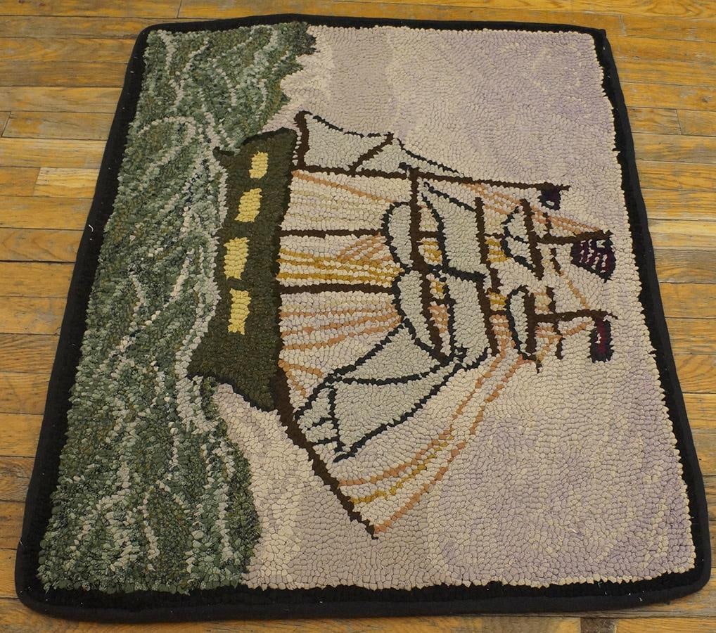 1940s Gray Nautical Antique American Hooked Rug 2'7" X 3'2" Handknotted Wool Carpet - 4