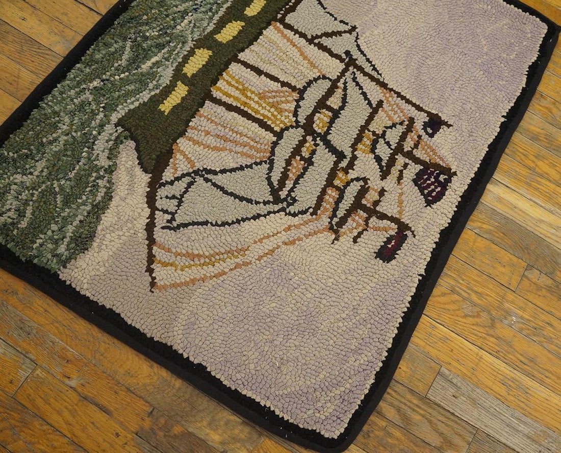1940s Gray Nautical Antique American Hooked Rug 2'7" X 3'2" Handknotted Wool Carpet - 5