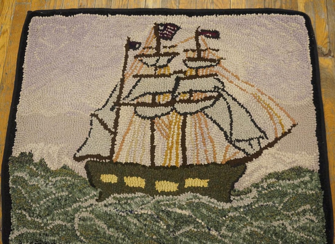 1940s Gray Nautical Antique American Hooked Rug 2'7" X 3'2" Handknotted Wool Carpet - 6
