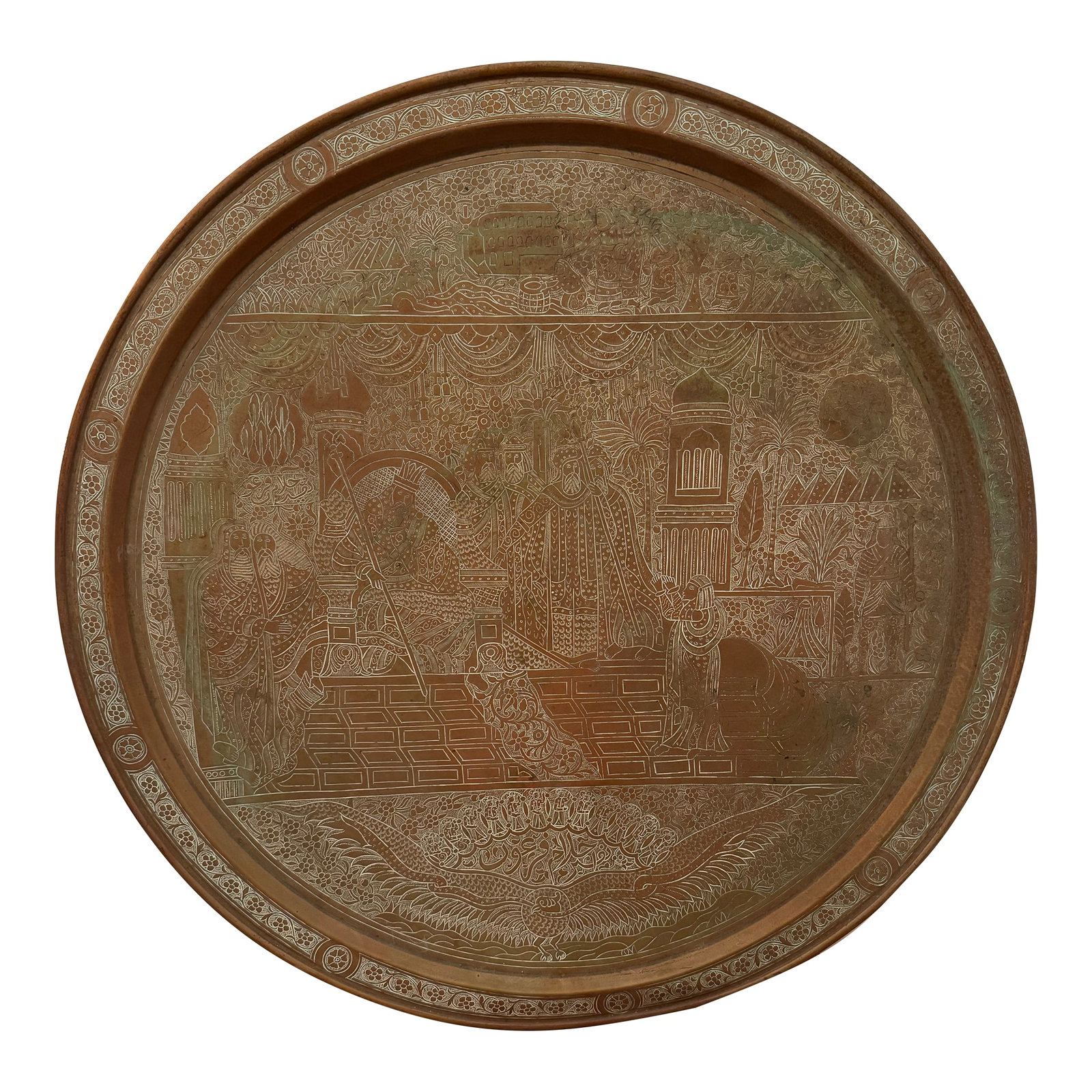 Antique Middle Eastern Engraved Copper Tray With Figural Court Scene & Calligraphy - Large Round Wal: This large antique engraved copper tray is a striking example of Middle Eastern metalwork, featuring an intricately detailed figural court scene, architectural elements, floral motifs, and Arabic