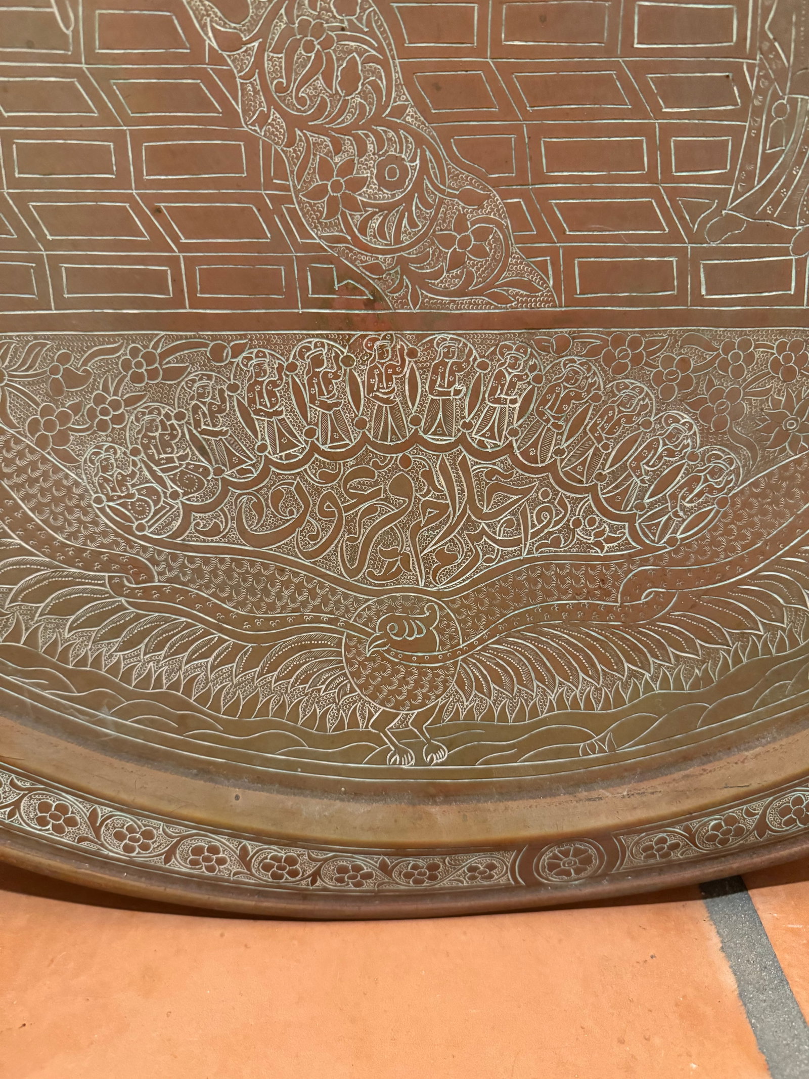Antique Middle Eastern Engraved Copper Tray With Figural Court Scene & Calligraphy - Large Round Wal - 3