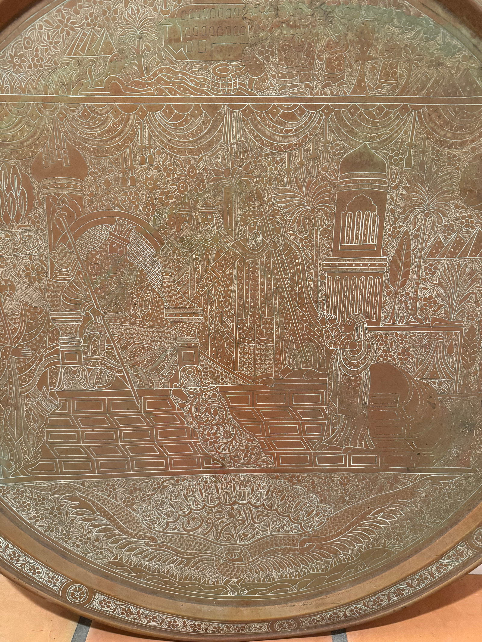 Antique Middle Eastern Engraved Copper Tray With Figural Court Scene & Calligraphy - Large Round Wal - 4