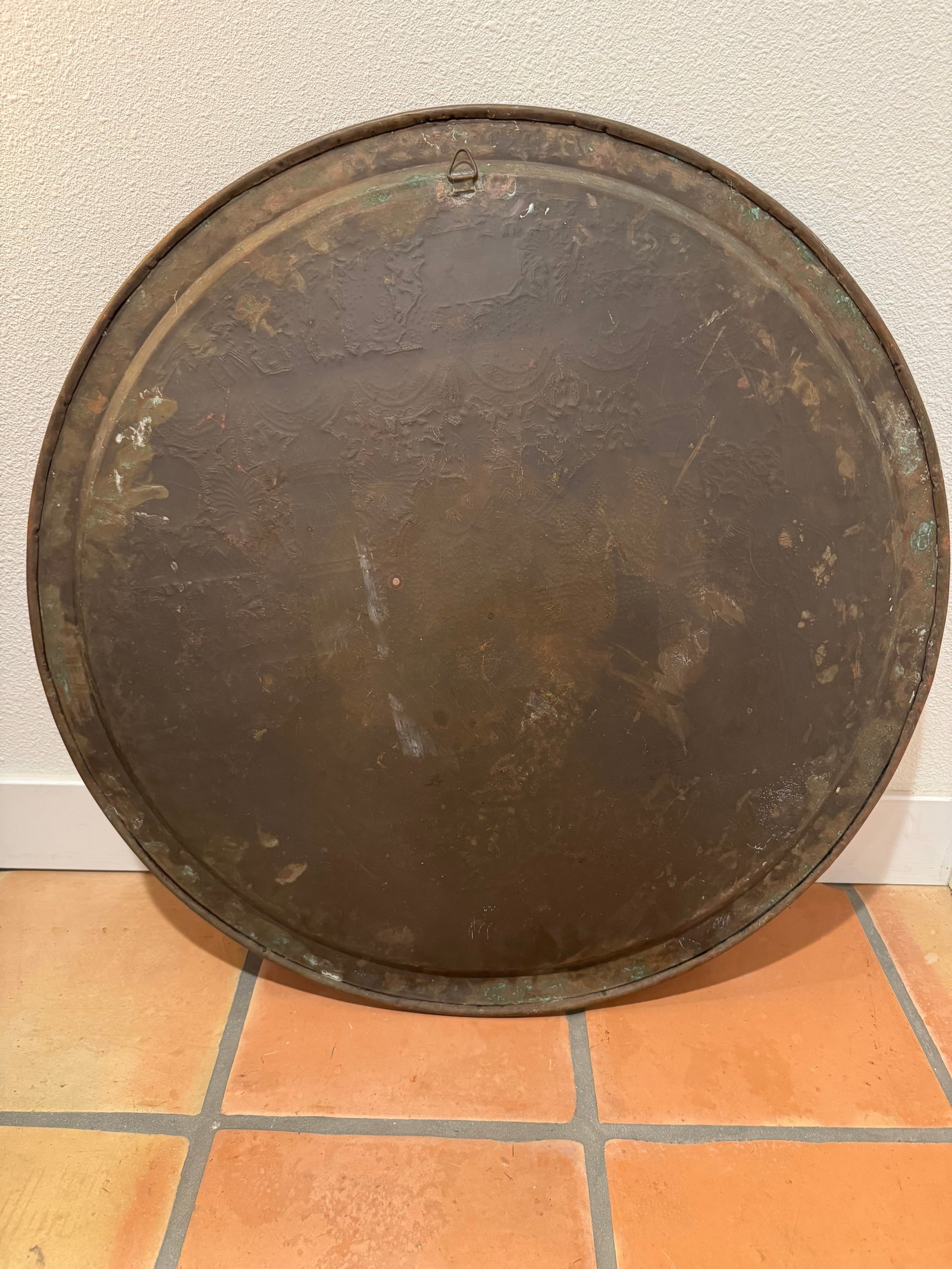 Antique Middle Eastern Engraved Copper Tray With Figural Court Scene & Calligraphy - Large Round Wal - 5