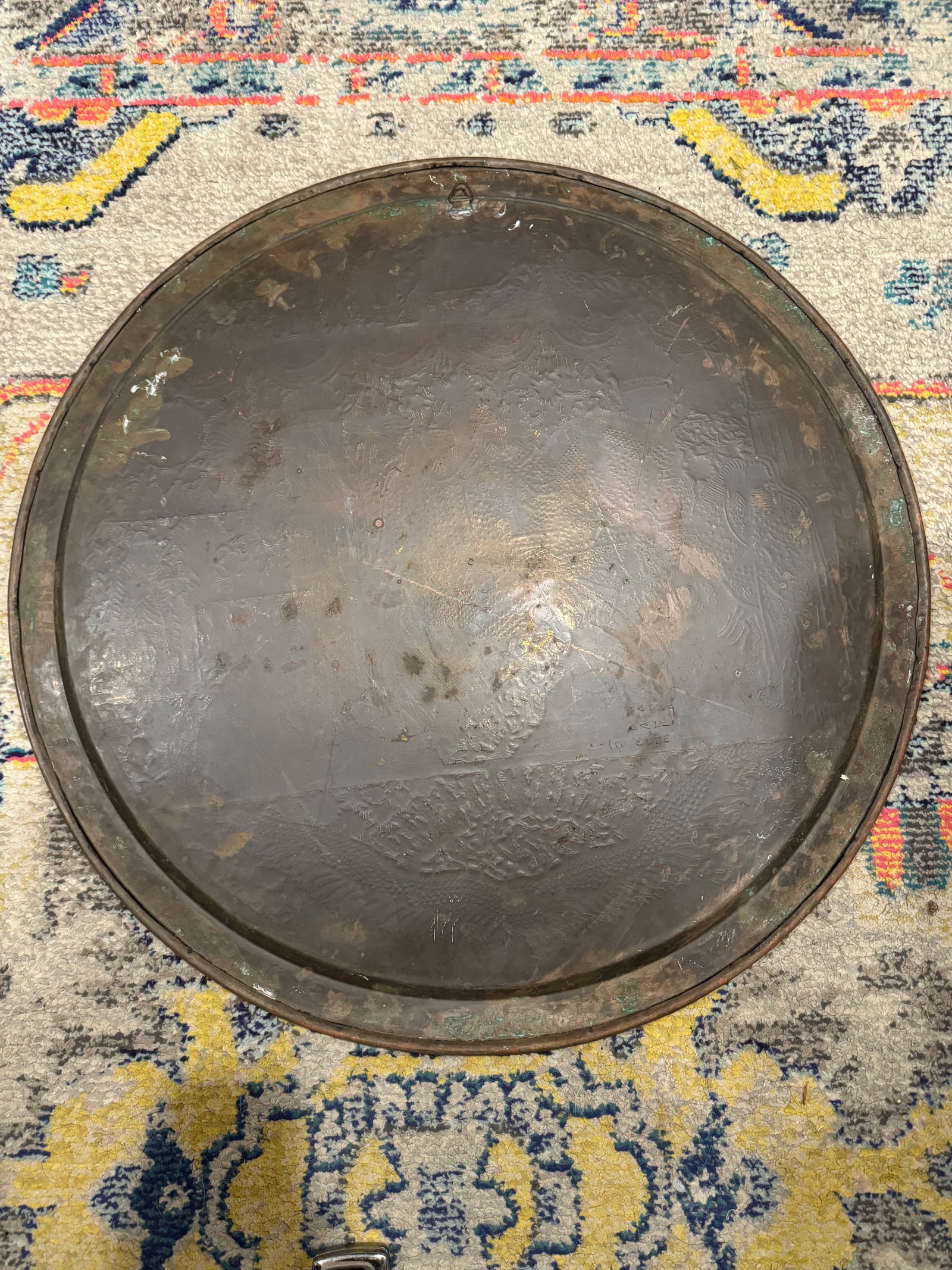Antique Middle Eastern Engraved Copper Tray With Figural Court Scene & Calligraphy - Large Round Wal - 6