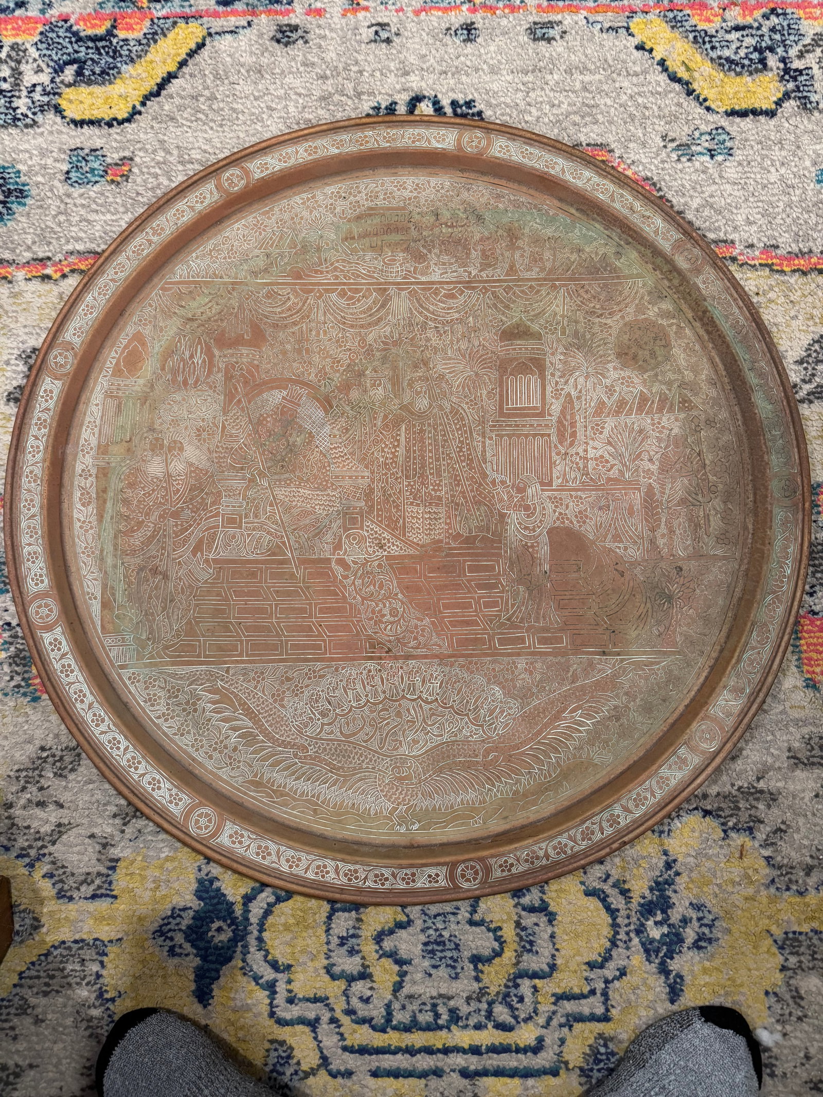 Antique Middle Eastern Engraved Copper Tray With Figural Court Scene & Calligraphy - Large Round Wal - 7