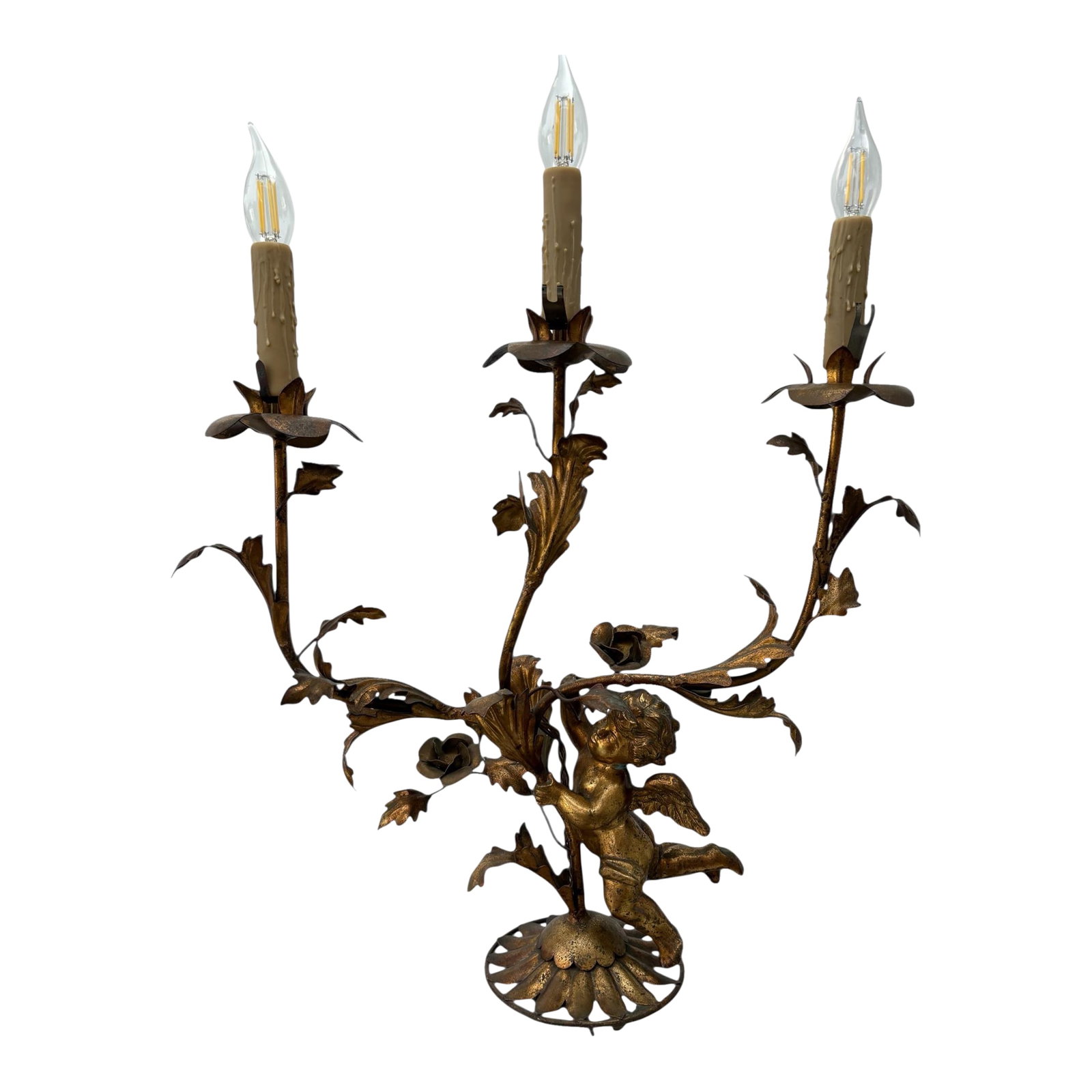 Large Antique Bronze Gold Gilt Metal Cherub Angle Candelabra Table Lamp: Lovely Large Antique Gold Gilt Metal Cherub Angle and Roses Candelabra Table Lamp with three lights. The lamp is in excellent condition and is in working order with the original wiring. Condition: Alt