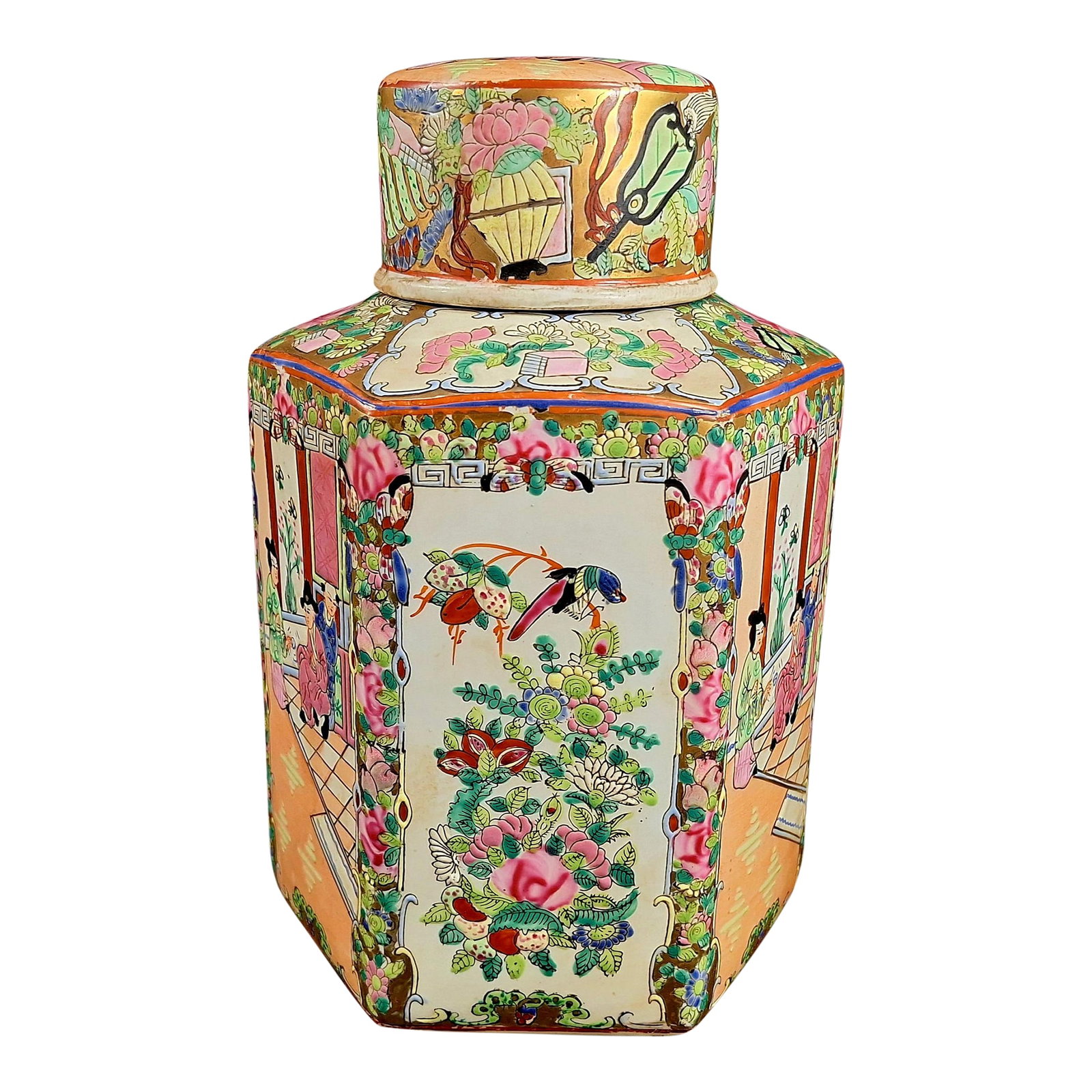 Antique Chinese Export Porcelain Hexagonal Lidded Ginger Jar - Famille Rose: Beautiful and authentic antique Chinese export porcelain hexagonal lidded jar, hand-painted in the famille rose palette with alternating panels of court figures, birds, florals, and scenic landscapes.