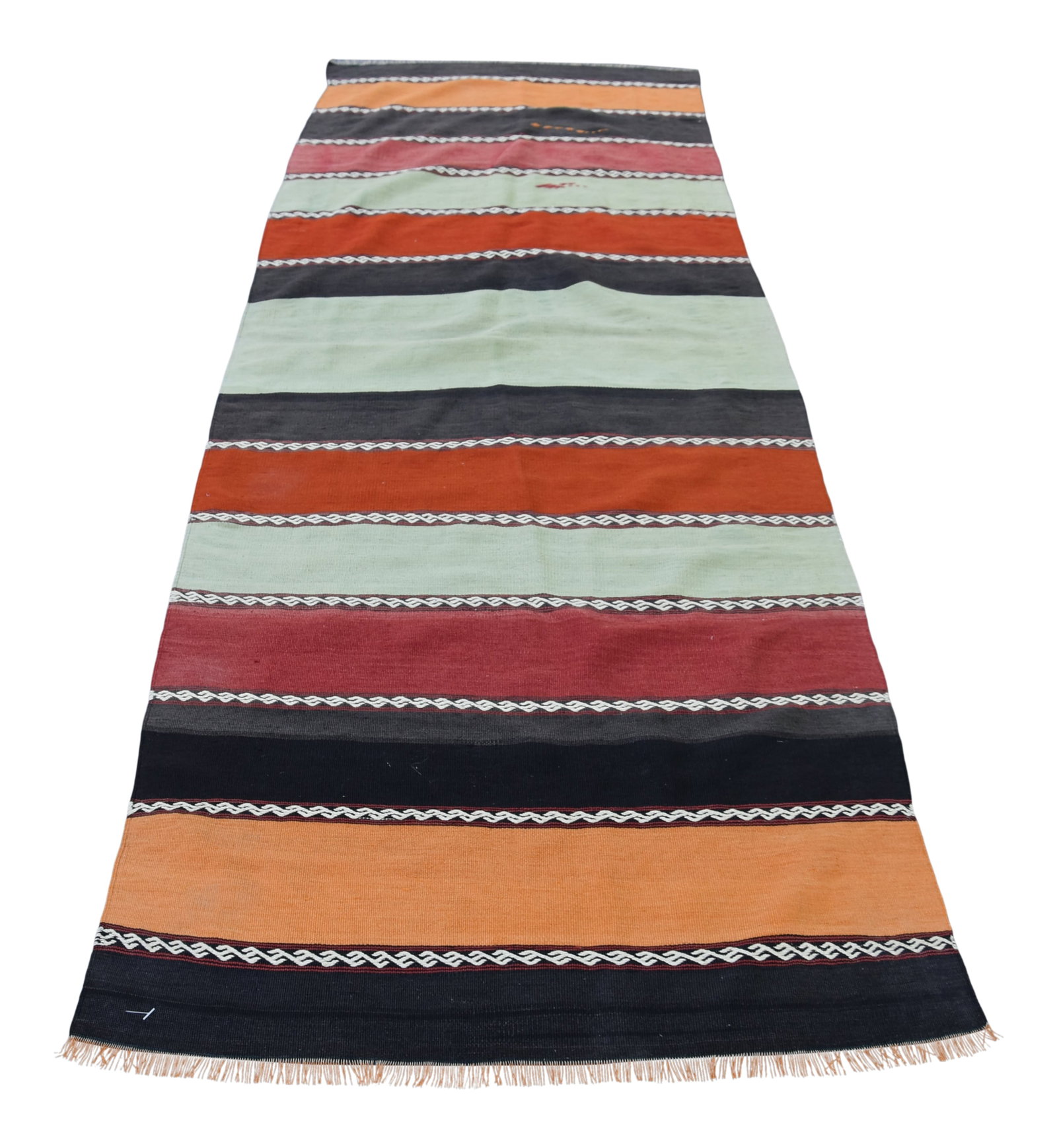 1960s Rustic Style Hand Knotted Traditional Anatolian Wool Kilim Runner Rug 3.4 X 10 Ft: Size: 3.4 x 10 ft (102 x 300 cm) 40 x 118 inches Color:Black , Orange , Red , Green , White Material: 100% Wool Fast Shipping: Delivery in 3-5 Business Days. All rugs are handwoven by traditional