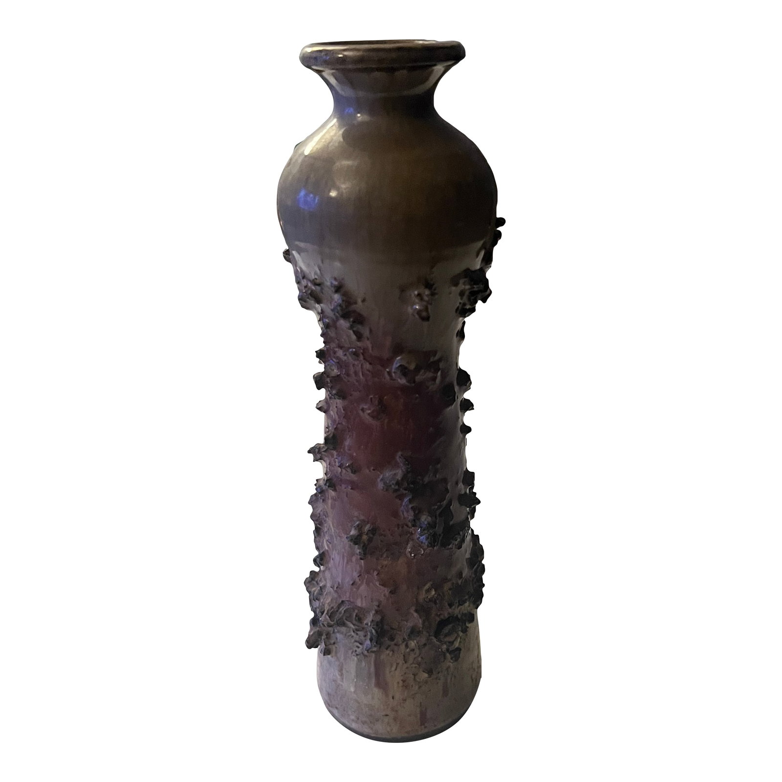 Icelandic Glit Lava Glass Vase, Sculptural Volcanic Form, C. 1970s: Striking vintage Icelandic lava glass vase produced by GLIT, showcasing a dramatic volcanic aesthetic emblematic of late-20th-century Nordic design. The tall cylindrical form is heavily encrusted
