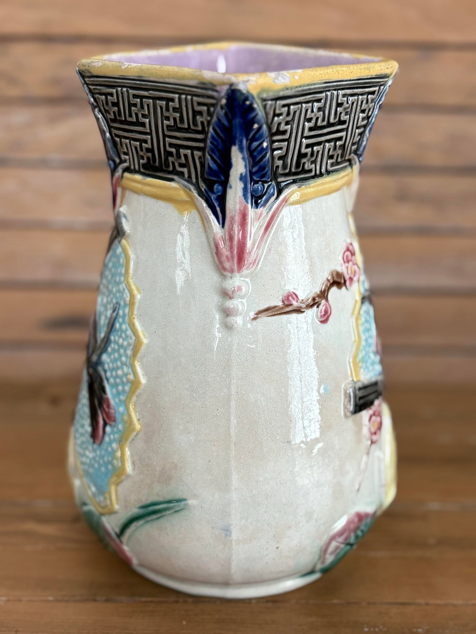 Victorian Majolica Aesthetic Movement Pitcher - Japonisme Lotus, Fans & Dragonfly, c.1880 - 4