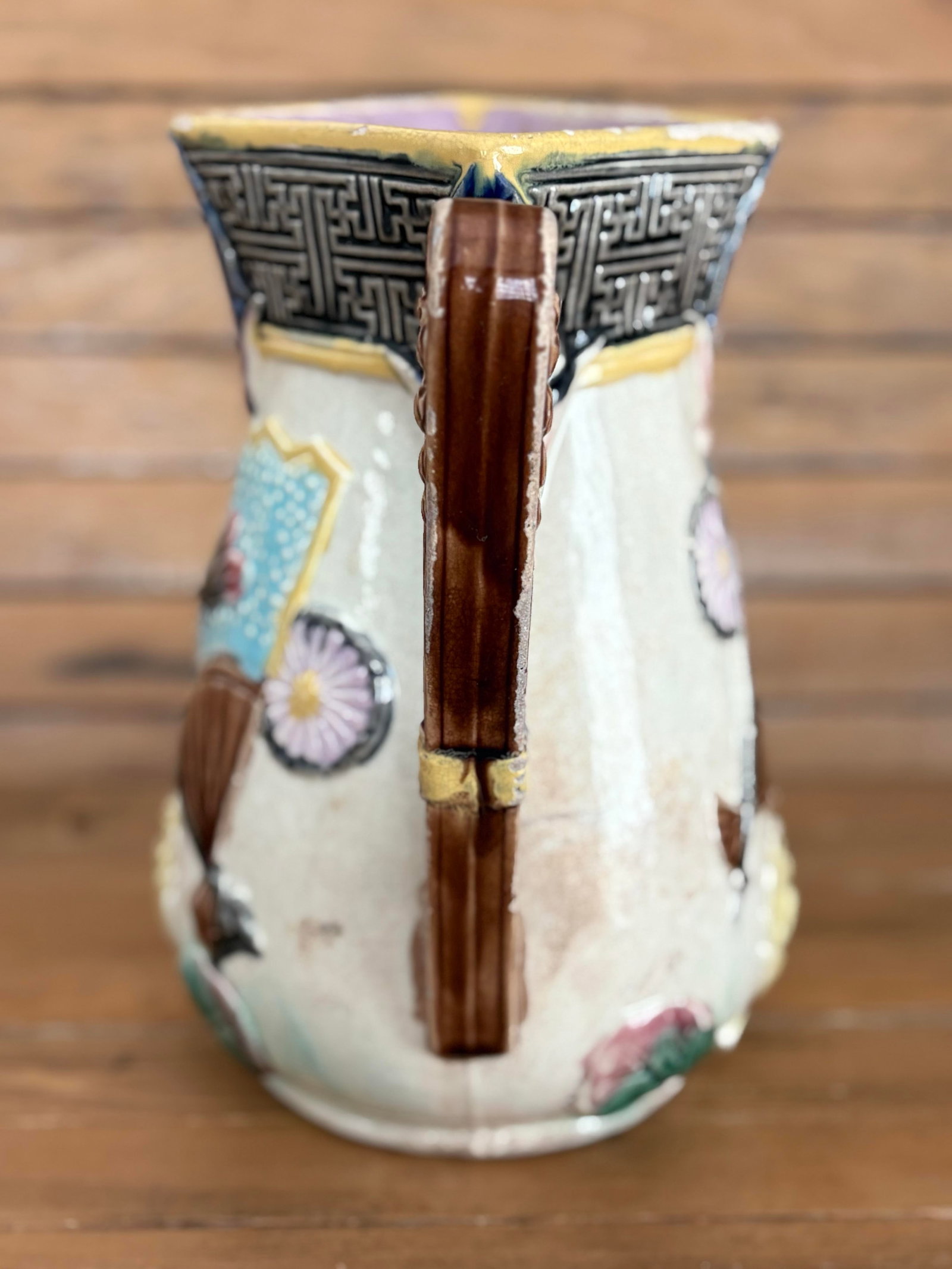 Victorian Majolica Aesthetic Movement Pitcher - Japonisme Lotus, Fans & Dragonfly, c.1880 - 7