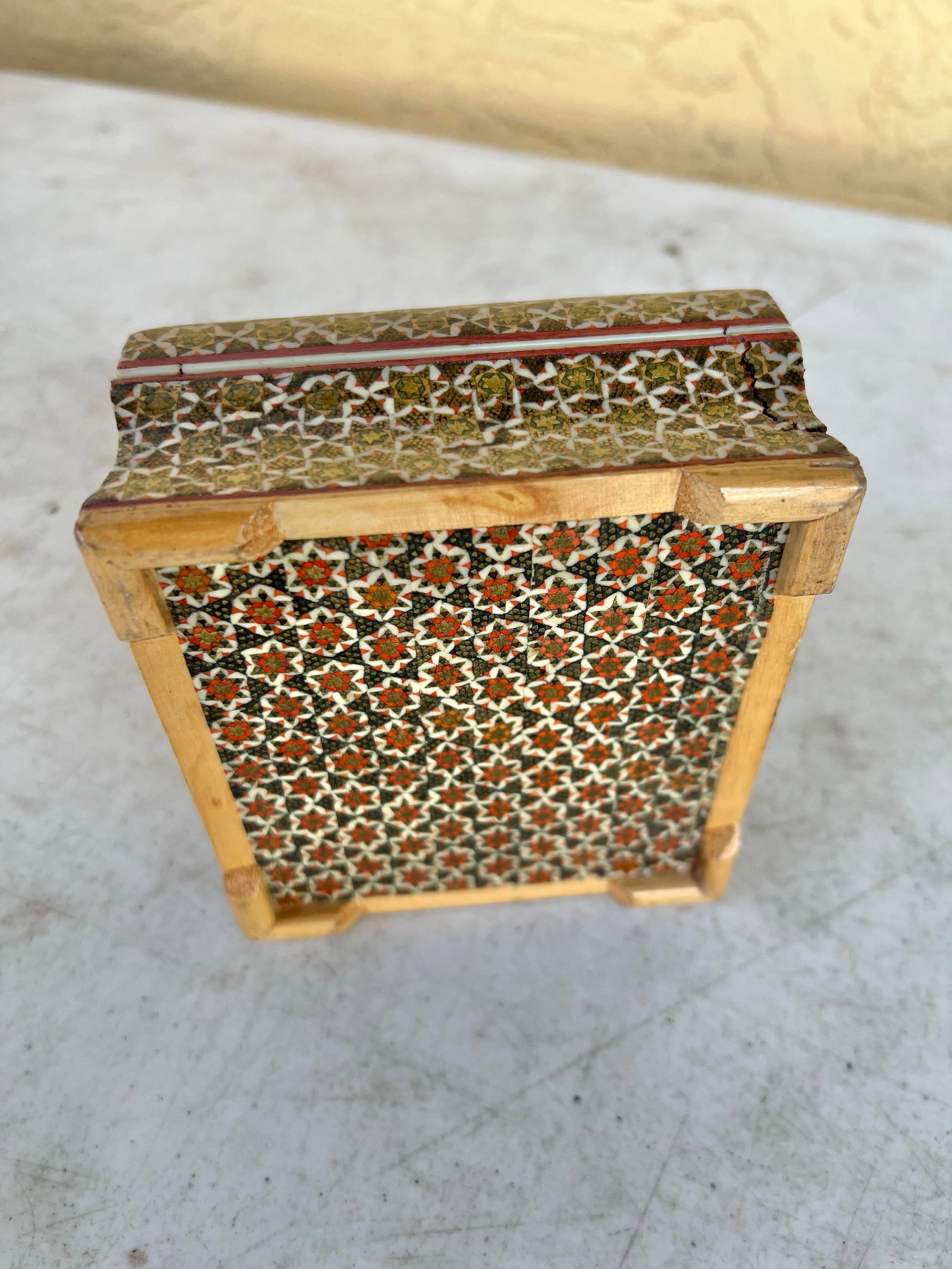Vintage Footed Middle Eastern Mosaic Wooden Trinket Box - 10
