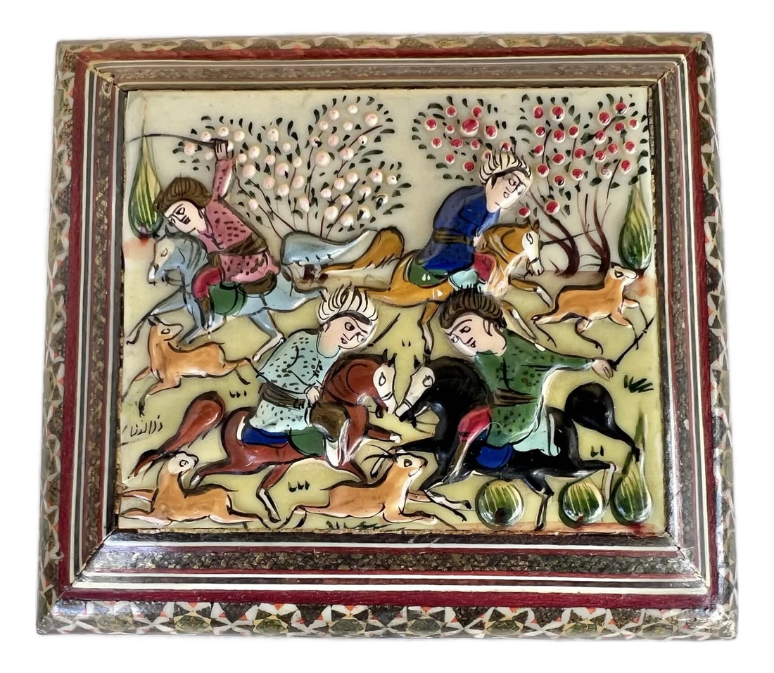 Vintage Footed Middle Eastern Mosaic Wooden Trinket Box: Vintage Middle Eastern Inlaid Wood Painted Trinket Box Mosaic.. This is a vintage Persian Khatam micro mosaic inlaid wood trinket box with a hand-painted hunting scene on the lid. The box features
