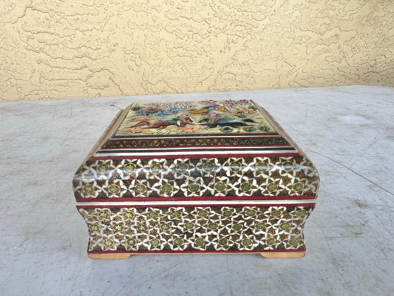 Vintage Footed Middle Eastern Mosaic Wooden Trinket Box - 2