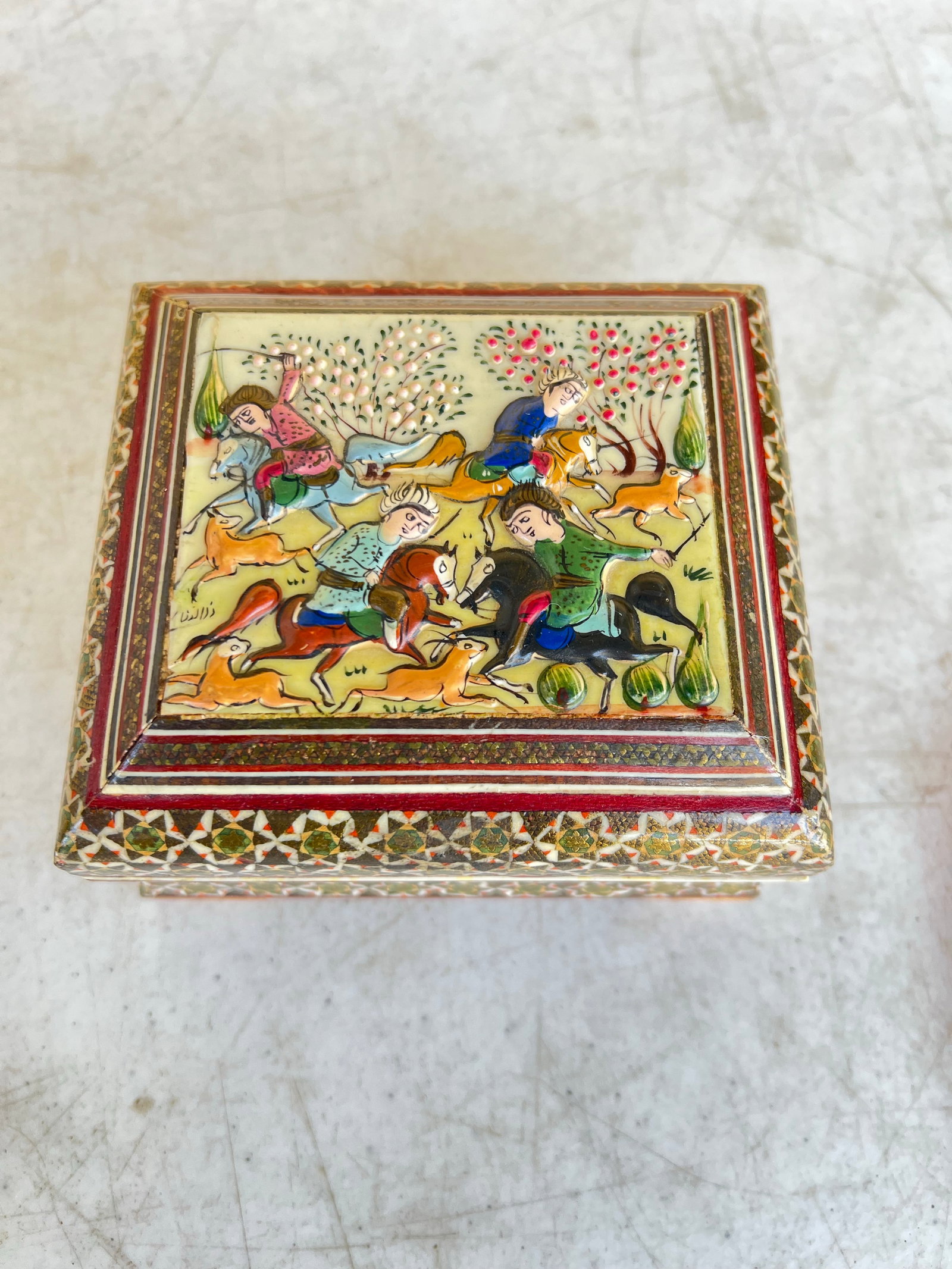 Vintage Footed Middle Eastern Mosaic Wooden Trinket Box - 3