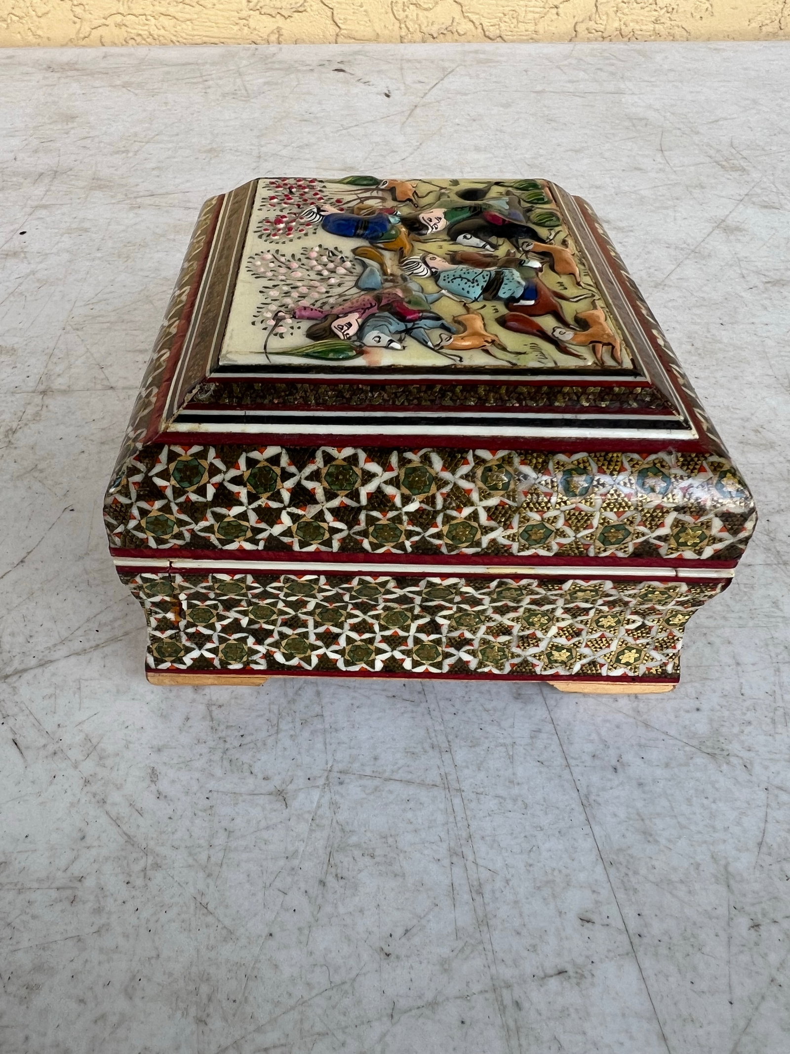 Vintage Footed Middle Eastern Mosaic Wooden Trinket Box - 4