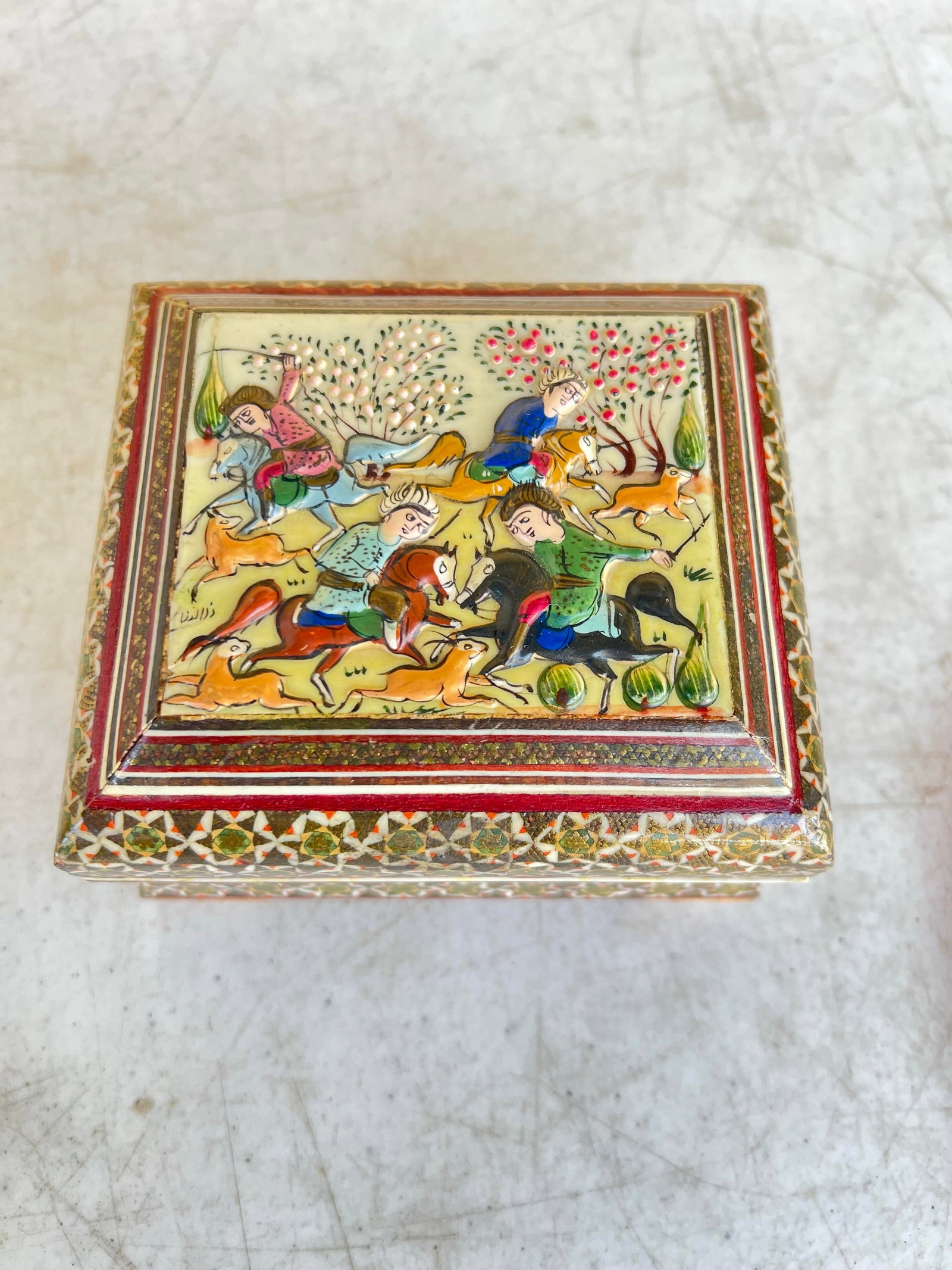 Vintage Footed Middle Eastern Mosaic Wooden Trinket Box - 6