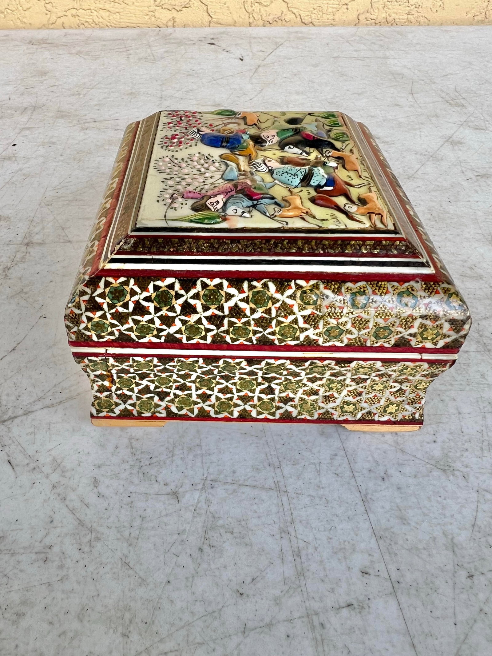 Vintage Footed Middle Eastern Mosaic Wooden Trinket Box - 7
