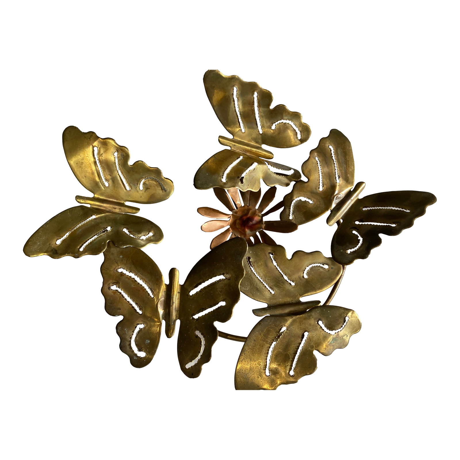 Vintage Brass and Copper Butterfly Wall Sculpture Mid-Century Modern: This vintage brass and copper wall sculpture showcases a dramatic cluster of stylized butterflies arranged in a circular composition around a central floral element. The pierced wing detailing and