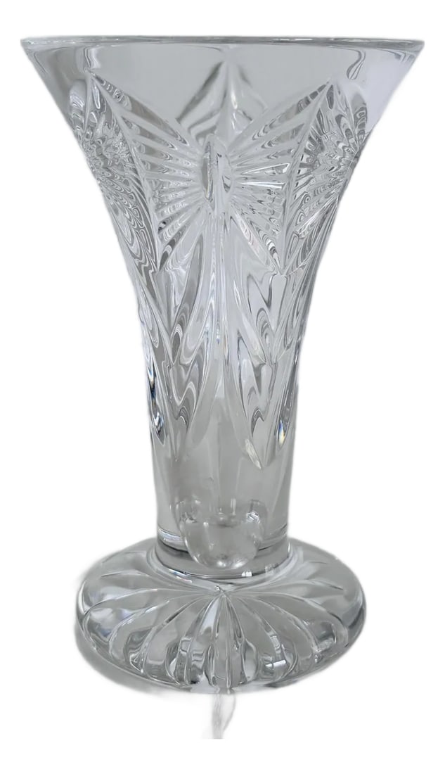 Waterford Crystal Vase With Butterflys: Waterford Crystal Vase With Butterflys all over the vase. Nice solid glass base. Marked underneath with seahorse mark. Condition: Alterations: Original Condition Unaltered Imperfections: Some