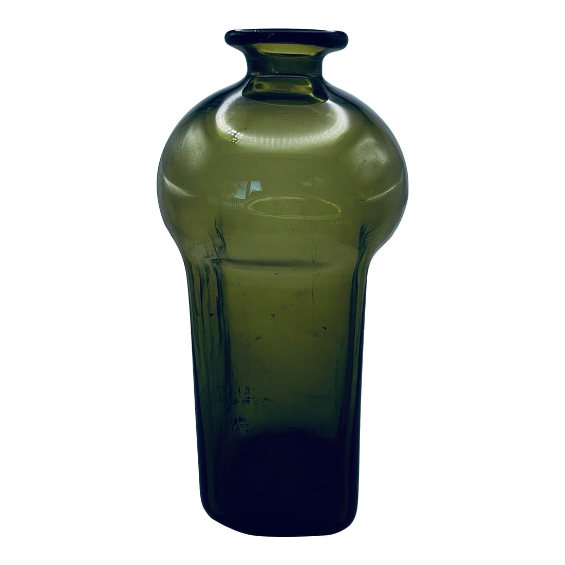 1960s Mid Century Modern Scandinavian Green Glass Bottle Bottle or Decanter: This is a hand-blown glass in a rich olive green color. It features a sleek, mid-century modern Scandinavian design. The artist was Richard Duborgh, a designer for Plus Studio, Norway, intended as a d