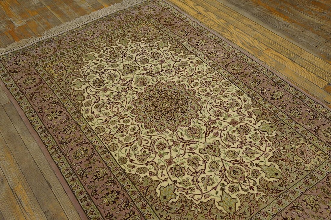 1940s Tan Sand Medallion Floral Antique Persian Isfahan Rug 3' 5'' X5' 3'' Handknotted Wool Carpet - 2