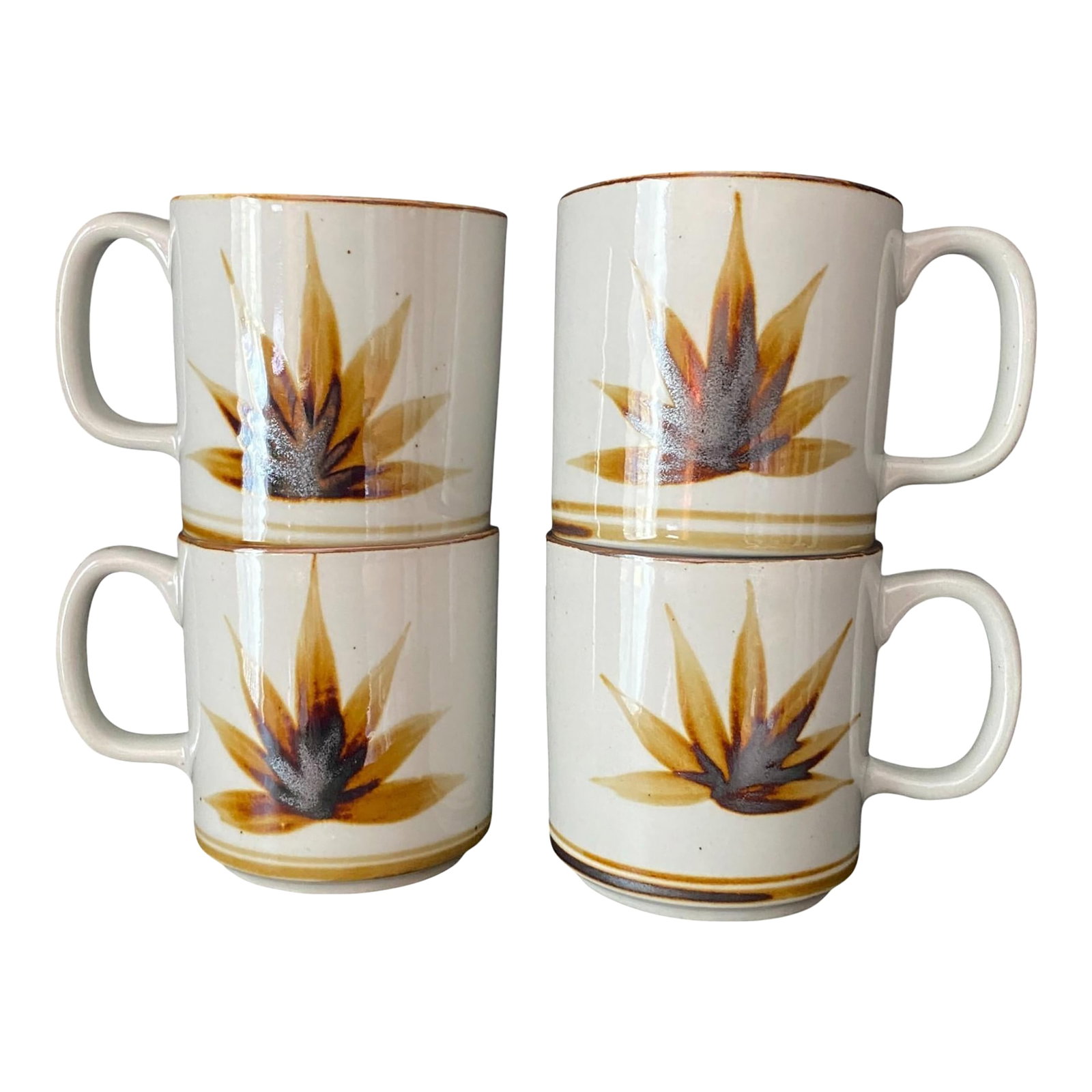 1960s Set of 4 Vintage Otagiri MCM Leaf Agave Plant Coffee Tea Mugs: Set of 4 vintage coffee mugs, one has a small chip in the lip. Condition: Alterations: Original Condition Unaltered Imperfections: Some Imperfections Condition Notes: One small chip in one mugs rim. N