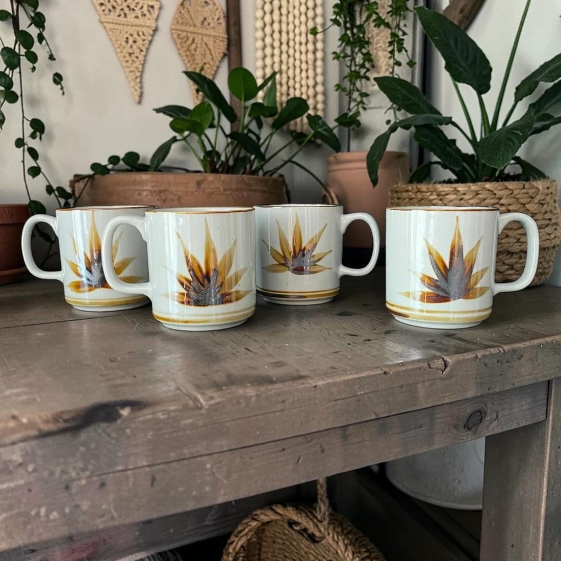 1960s Set of 4 Vintage Otagiri MCM Leaf Agave Plant Coffee Tea Mugs - 2