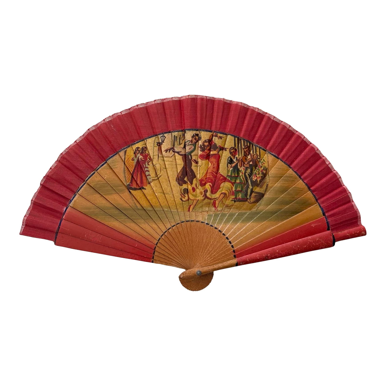 Antique Wooden Hand Painted Fan With Linen Transfer. Spanish Flamenco Dancers. Very Old: Beautiful antique wood hand fan with red linen transfer from Spain. Hand painted Spanish dancers excellent condition for being so old circa 1940s. Condition: Alterations: Original Condition Unaltered