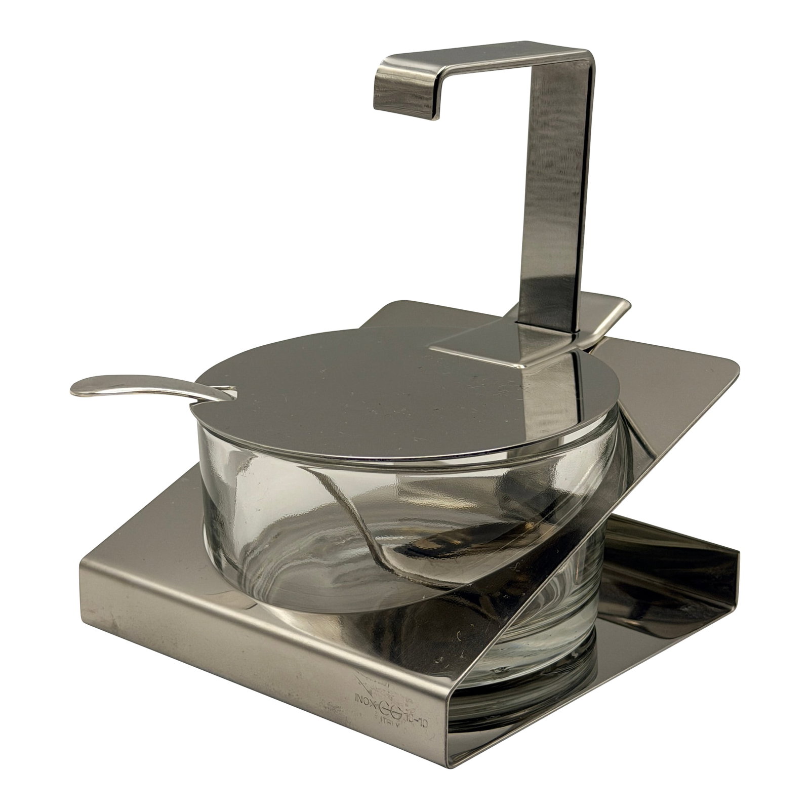 1990s Pintinox Prima Stainless Steel & Glass Formaggera: Sleek Pintinox Prima Collection formaggera, crafted in Italy from nickel-free stainless steel with a clear glass bowl (200 ml). Includes the original steel lid, integrated spoon rest, and matching