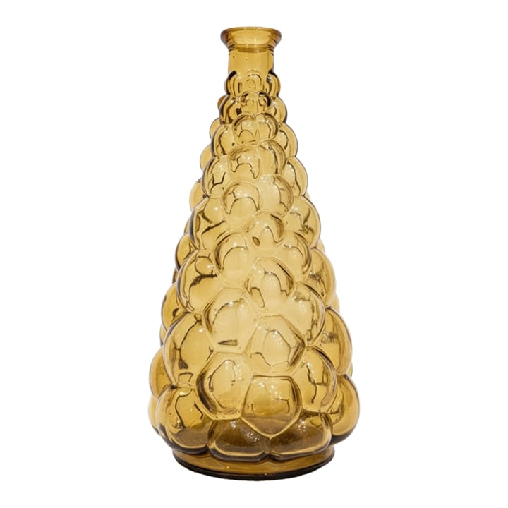 Mid-Century Empoli Italian Amber Bubble Glass Genie Decanter: Warm and sculptural mid-century Empoli glass genie bottle in rich amber, molded in a distinctive stacked bubble pattern that reads like a modern pine cone. The bottle is embossed "MADE ITALY" on the b