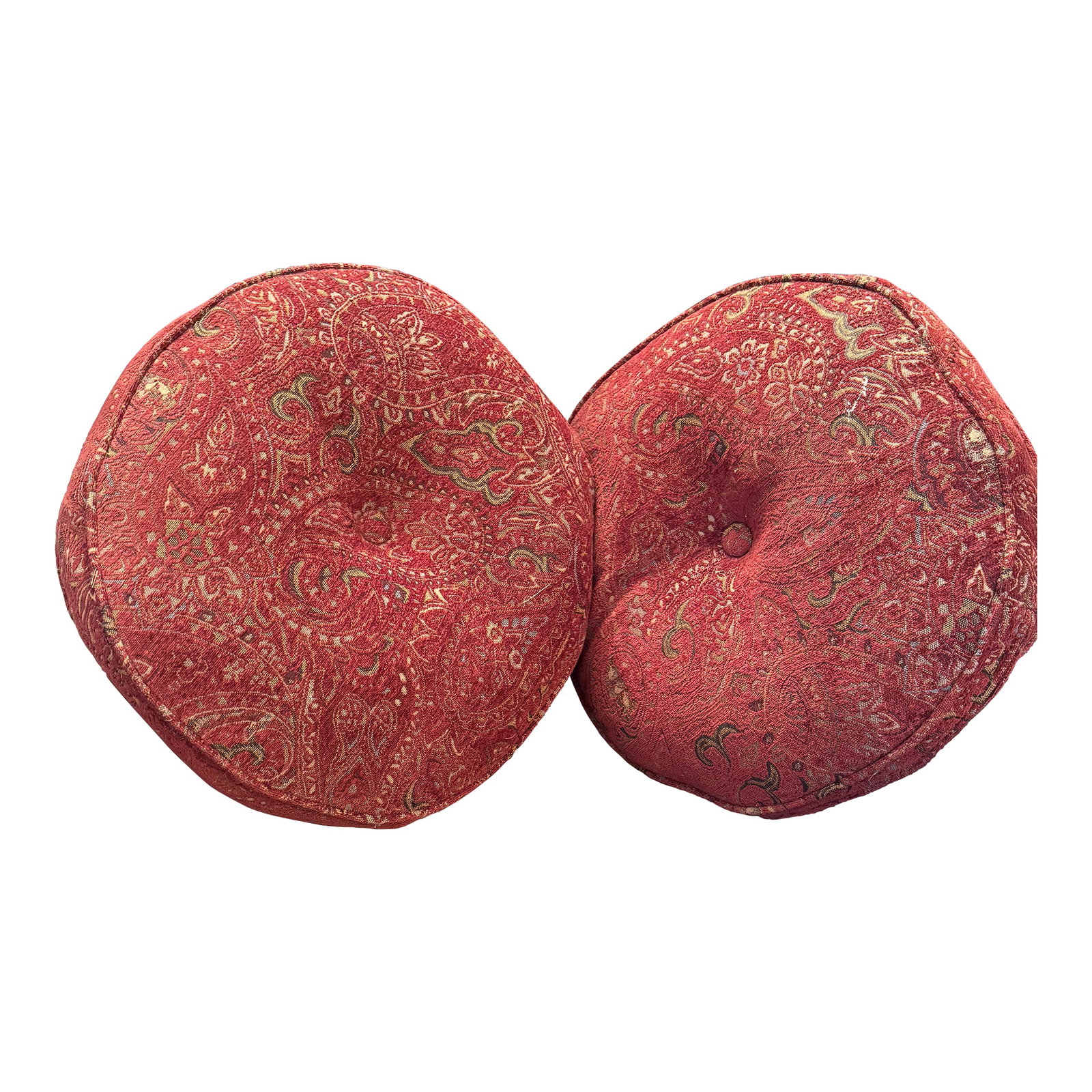 Round Deep-Red Down-Filled Paisley Pillows-a Pair: A set of two round, deep red paisley, down-filled pillows available. Classic and luxurious. They close with a zipper. Custom made. The fabric is Stickley. Nice and heavy...a quality pair. Condition: