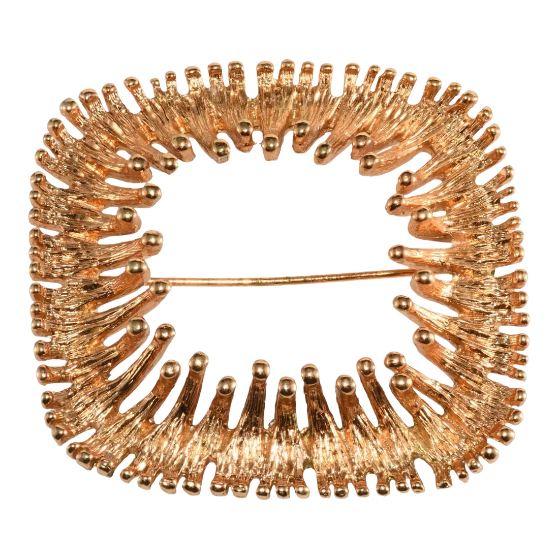 Vintage Napier Brooch Brutalist Gold-Plated Modernist Style: Vintage brooch in a Brutalist style with Modernist influences as well. Metal is gold plated with textured finish. We believe this lovely pin dates to the late 1960s or early 1970s. Marked Napier on