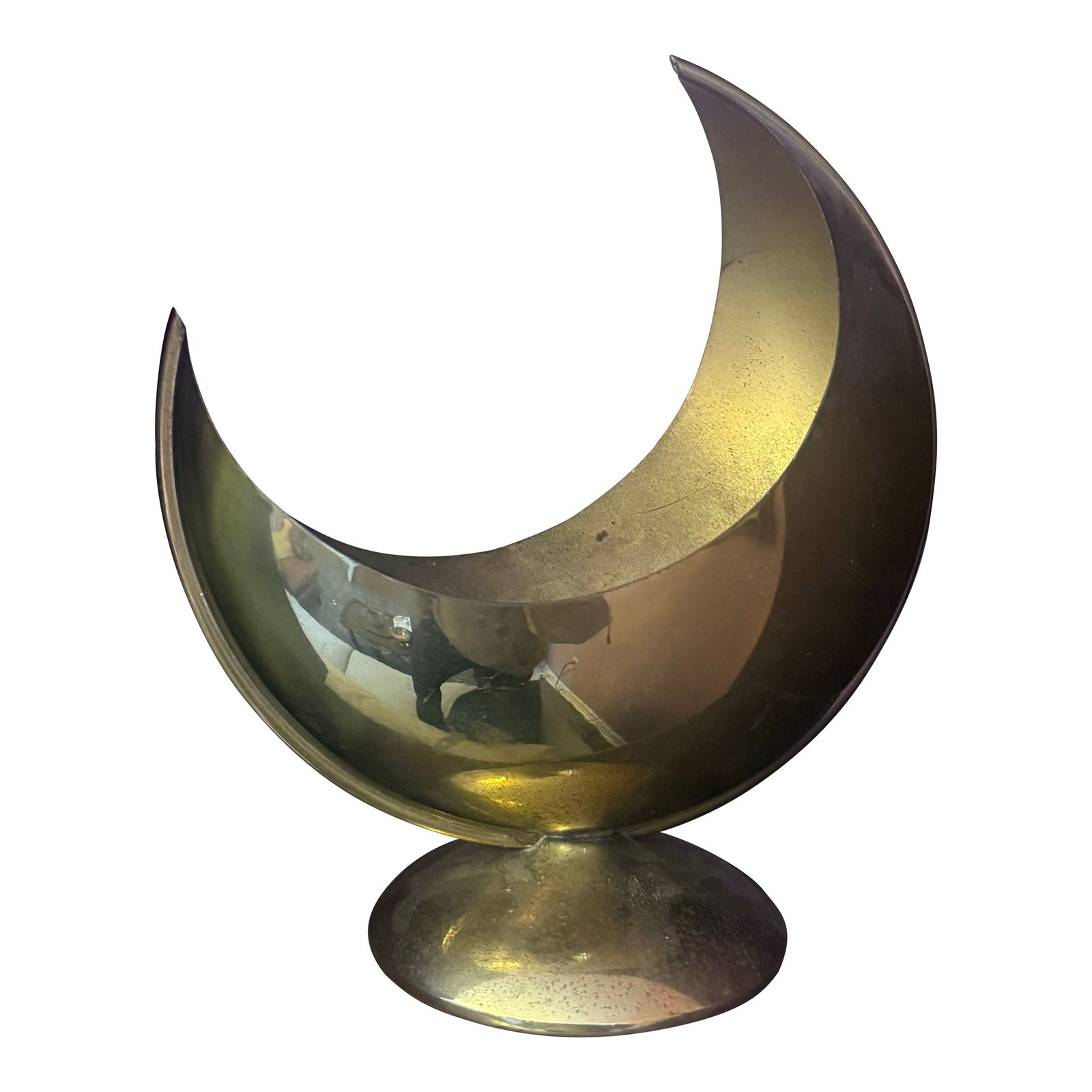 Vintage Sculptural Brass Crescent Bowl on Pedestal Stand: Striking vintage brass sculptural bowl featuring a dramatic crescent moon form elevated on a rounded pedestal base. This modernist piece balances clean lines with organic curvature, making it a bold