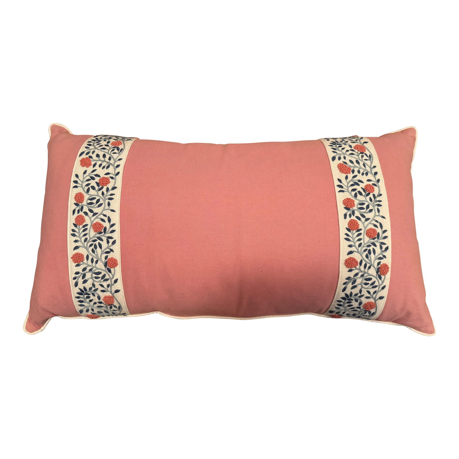 Decorative Lumbar Pillow: Custom-made lumbar pillow (16" x 30") in Schumacher Petal Langham fabric with Schumacher Cream Elliott piping and Ashoka decorative tape. No stains, barely used, like new. Condition: Alterations: