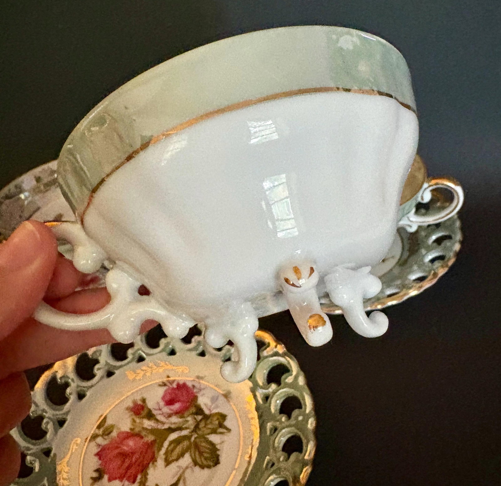 Vintage Royal Sealy Teacup & Saucer: Iridescent Green China With Pink Roses - Sold Individually Per - 10