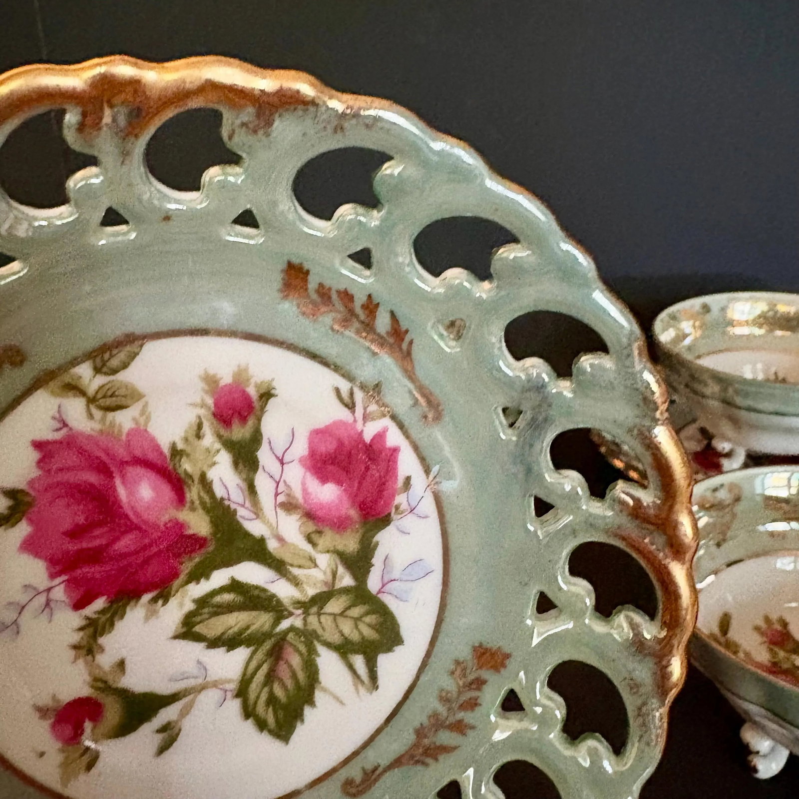 Vintage Royal Sealy Teacup & Saucer: Iridescent Green China With Pink Roses - Sold Individually Per - 11