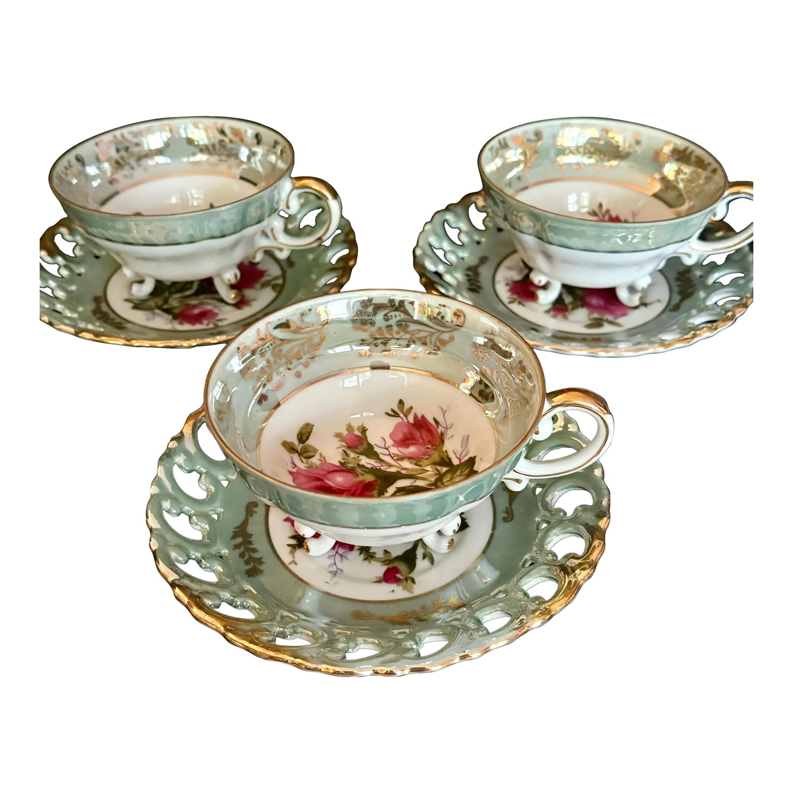 Vintage Royal Sealy Teacup & Saucer: Iridescent Green China With Pink Roses - Sold Individually Per: Beautiful vintage Royal Sealy China Japan teacup and sauce. SOLD INDIVIDUALLY as a set of 1 cup and 1 saucer. These stunning pieces feature: -Pale green iridescent enamel glaze with a luminous sheen