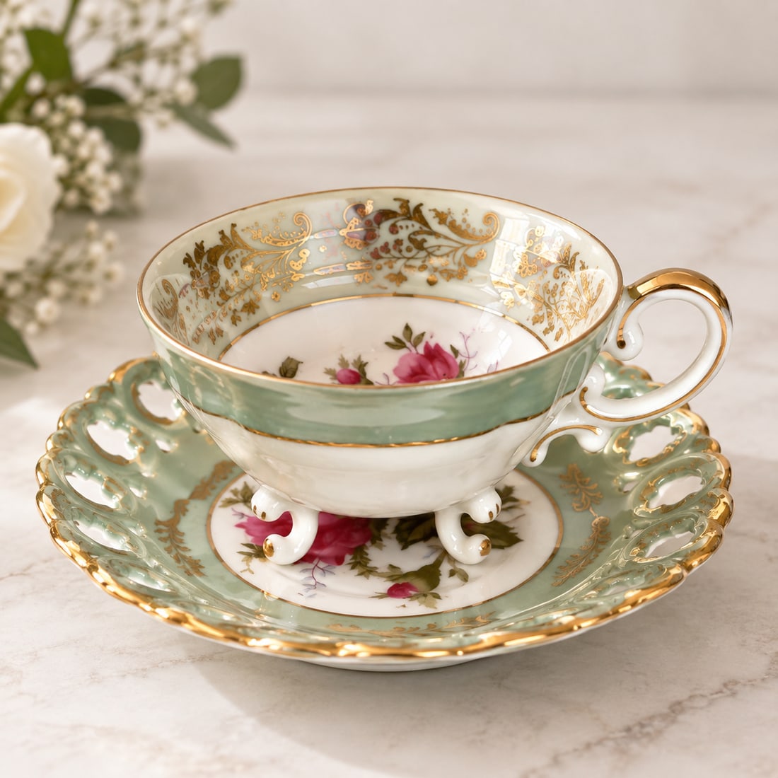 Vintage Royal Sealy Teacup & Saucer: Iridescent Green China With Pink Roses - Sold Individually Per - 2