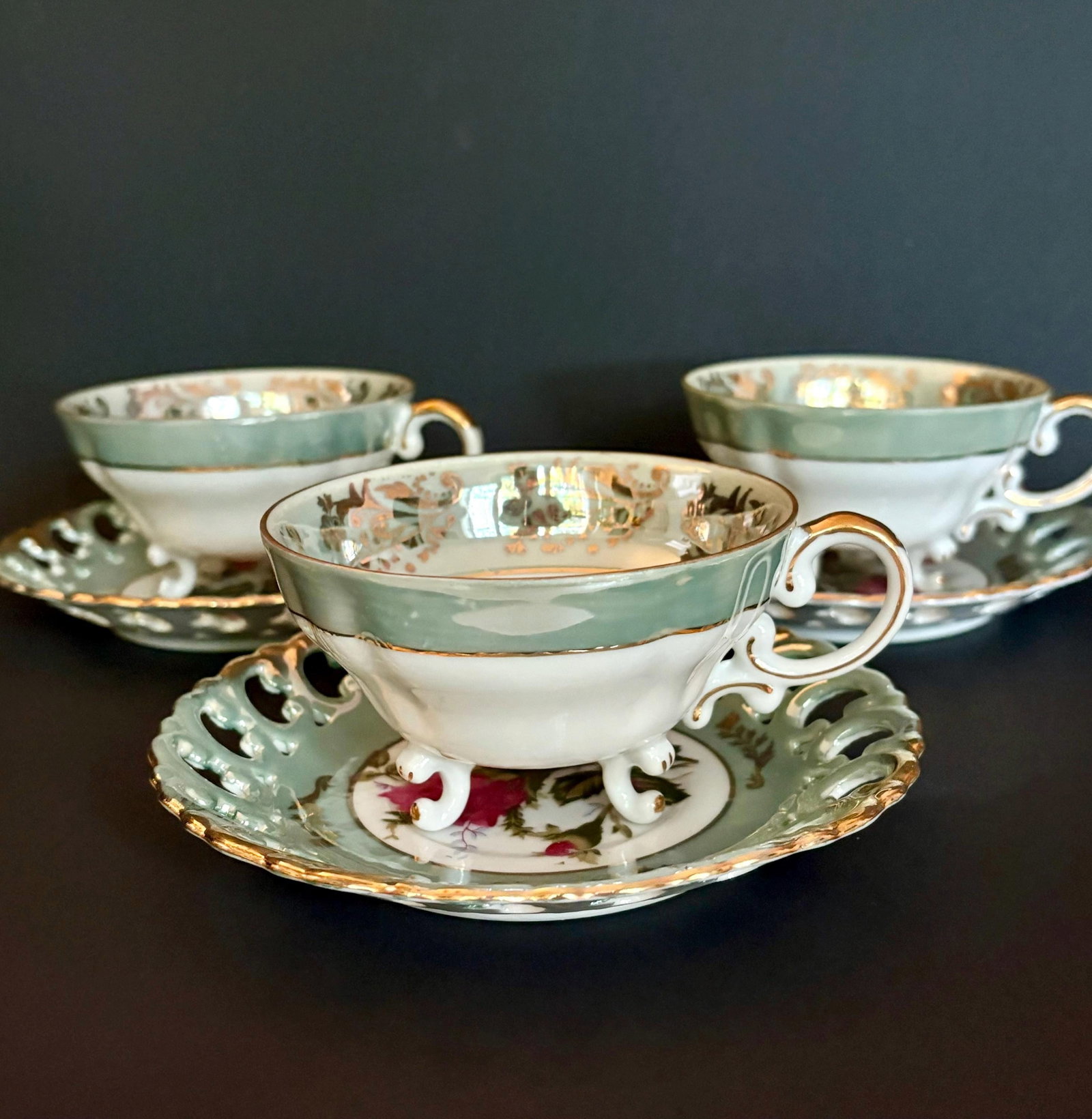 Vintage Royal Sealy Teacup & Saucer: Iridescent Green China With Pink Roses - Sold Individually Per - 3