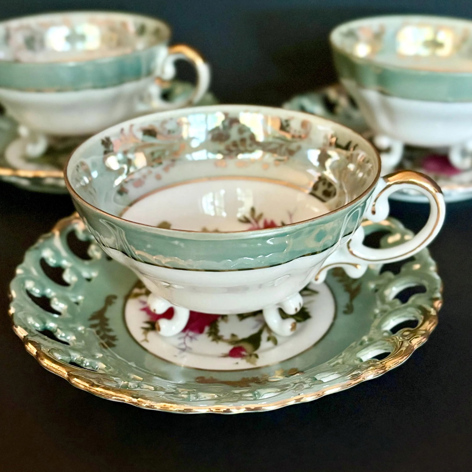 Vintage Royal Sealy Teacup & Saucer: Iridescent Green China With Pink Roses - Sold Individually Per - 4